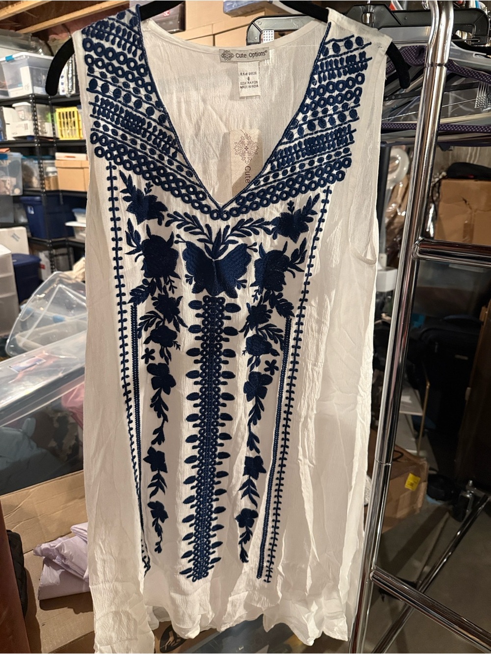 NWTCute OptionsWhite Sleeveless Embroidered V-Neck Dress with Navy Floral Detail